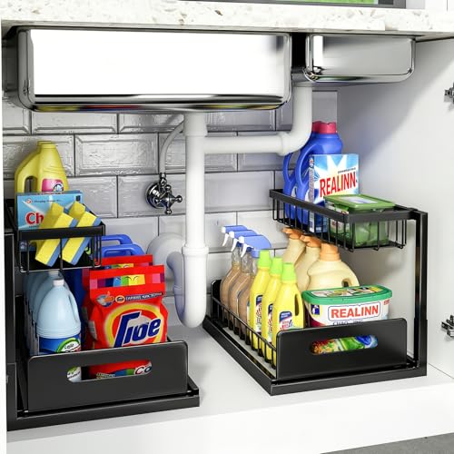 REALINN Under Sink Organizer, L-Shaped 2 Tier Pull Out Cabinet Organizer for Kitchen and Bathroom, Slide Out Under Cabinet