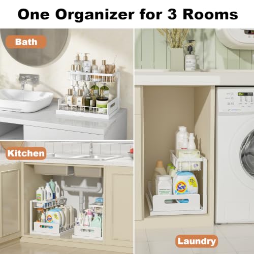 REALINN Under Sink Organizer, Pull Out Cabinet Organizer, 2 Tier Metal Slide Out Shelf with L Shaped Design for Kitchen, Bathroom, Laundry, and Utility Cabinet Storage for Deep Cabinets, White, 2 Pack - My Kitchen Products