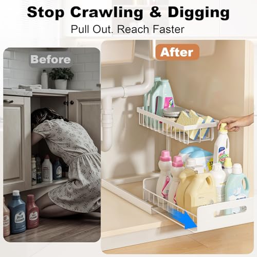 REALINN Under Sink Organizer, Pull Out Cabinet Organizer, 2 Tier Metal Slide Out Shelf with L Shaped Design for Kitchen, Bathroom, Laundry, and Utility Cabinet Storage for Deep Cabinets, White, 2 Pack - My Kitchen Products