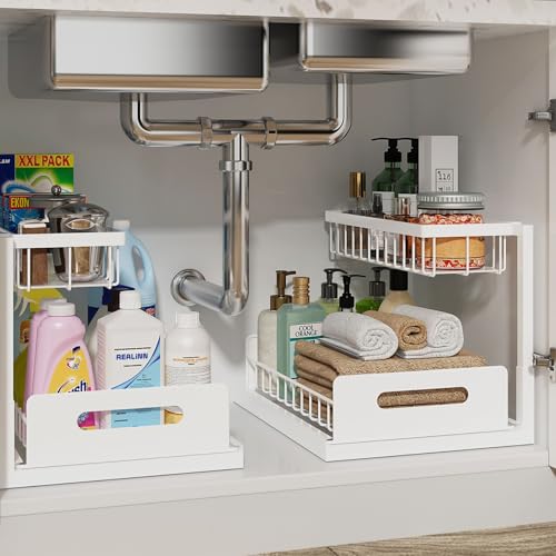REALINN Under Sink Organizer, Pull Out Cabinet Organizer, 2 Tier Metal Slide Out Shelf with L Shaped Design for Kitchen