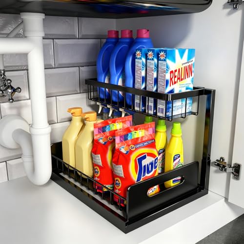 REALINN Under Sink Organizer, Pull Out Cabinet Organizer, 2 Tier Metal Slide Out Shelf with L Shaped Design for Kitchen