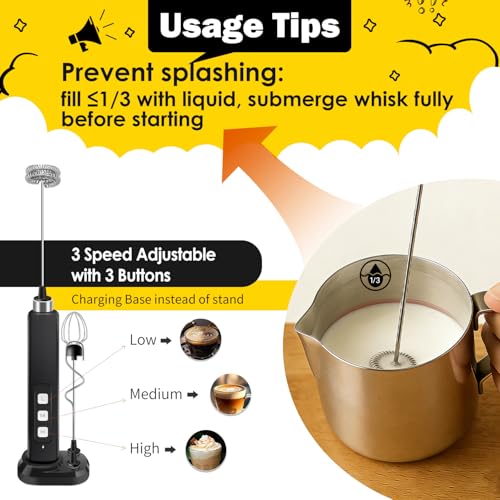 Rechargeable Milk Frother Handheld with 3 Detachable Stainless Whisks, 3 Speed Adjustable Drink Mixer, Mini Frother Wand for Coffee, Matcha, Protein Shakes, with Charging Base and Whisk Storage - My Kitchen Products