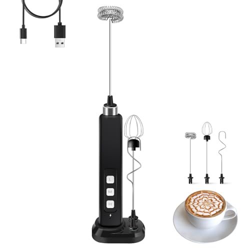 Rechargeable Milk Frother Handheld with 3 Detachable Stainless Whisks, 3 Speed Adjustable Drink Mixer, Mini Frother Wand for Coffee, Matcha, Protein Shakes, with Charging Base and Whisk Storage - My Kitchen Products