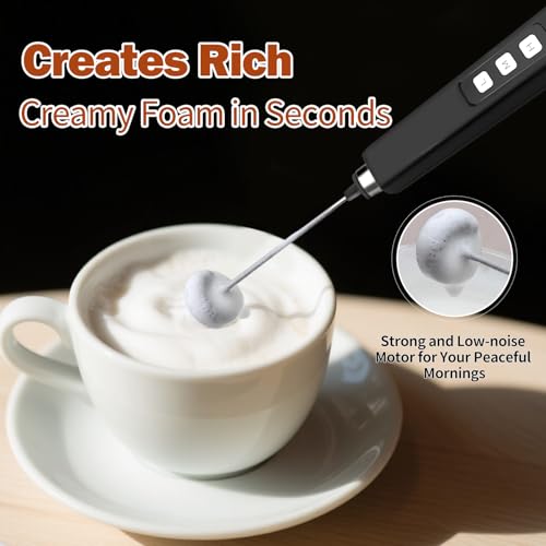 Rechargeable Milk Frother Handheld with 3 Detachable Stainless Whisks, 3 Speed Adjustable Drink Mixer, Mini Frother Wand for Coffee, Matcha, Protein Shakes, with Charging Base and Whisk Storage - My Kitchen Products