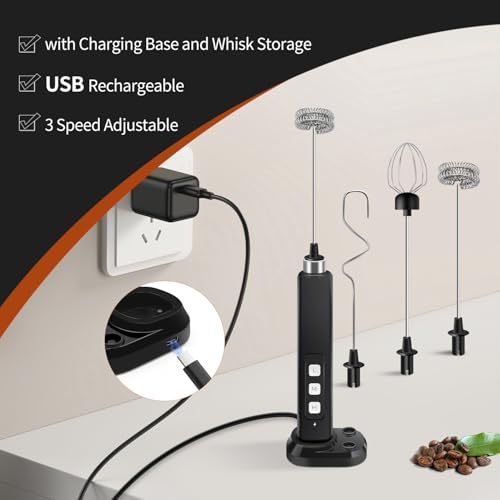 Rechargeable Milk Frother Handheld with 3 Detachable Stainless Whisks, 3 Speed Adjustable Drink Mixer, Mini Frother Wand for Coffee, Matcha, Protein Shakes, with Charging Base and Whisk Storage - My Kitchen Products
