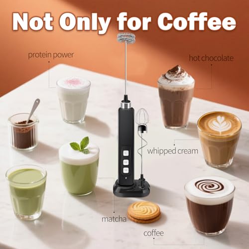 Rechargeable Milk Frother Handheld with 3 Detachable Stainless Whisks, 3 Speed Adjustable Drink Mixer, Mini Frother Wand for Coffee, Matcha, Protein Shakes, with Charging Base and Whisk Storage - My Kitchen Products