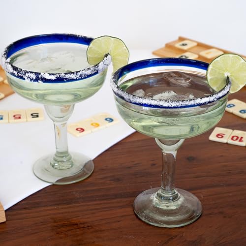 Recreado Cobalt Blue Rim Margarita Glasses Set of 4 – Hand Blown Mexican Glassware – 14 oz Recycled Glass Margarita Glass – Hand blown Mexican Drinking Glasses for Cocktails & Tequila - My Kitchen Products