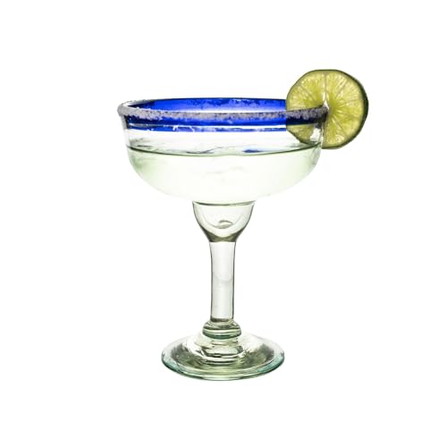 Recreado Cobalt Blue Rim Margarita Glasses Set of 4 – Hand Blown Mexican Glassware – 14 oz Recycled Glass Margarita Glass – Hand blown Mexican Drinking Glasses for Cocktails & Tequila - My Kitchen Products
