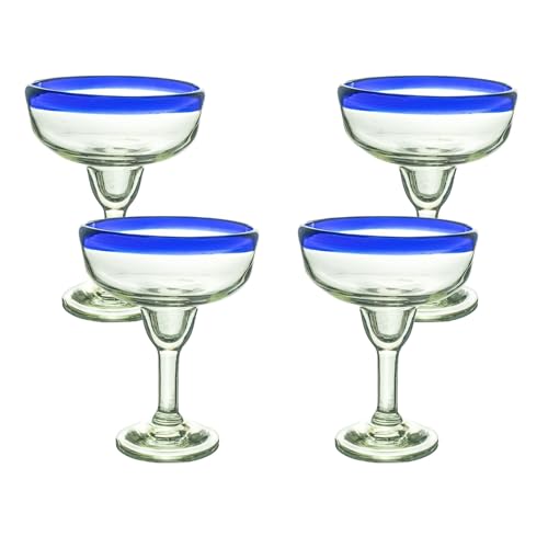 Recreado Cobalt Blue Rim Margarita Glasses Set of 4, Hand Blown Mexican Glassware, 14 oz Recycled Glass Margarita
