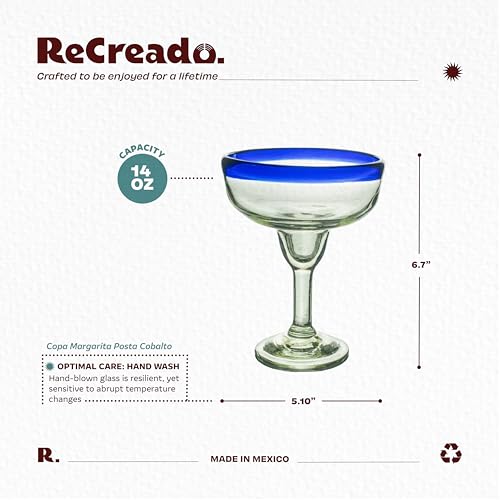 Recreado Cobalt Blue Rim Margarita Glasses Set of 4 – Hand Blown Mexican Glassware – 14 oz Recycled Glass Margarita Glass – Hand blown Mexican Drinking Glasses for Cocktails & Tequila - My Kitchen Products