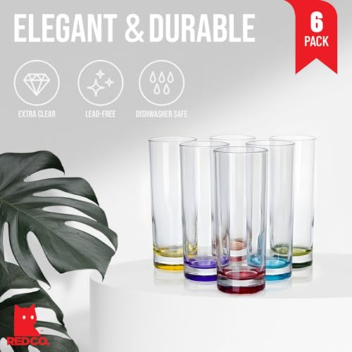 Red Co. Set of 6 Collins Slim Tall Highball 10 Fl Oz Water Beverage Glasses with Multicolor Bottoms - My Kitchen Products