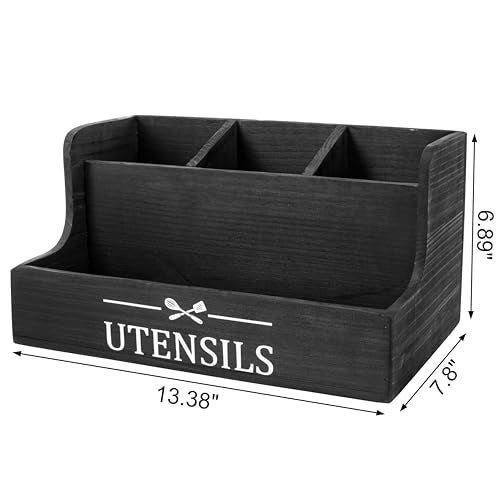 RedCall Extra Large Kitchen Utensils Holder 4 Compartments,Wood Utensil Organizer for Kitchen Countertop,Farmhouse Cooking Utensil Holder with Spice Storage space (Black) - My Kitchen Products