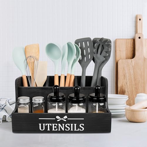 RedCall Extra Large Kitchen Utensils Holder 4 Compartments,Wood Utensil Organizer for Kitchen Countertop,Farmhouse Cooking Utensil Holder with Spice Storage space (Black) - My Kitchen Products