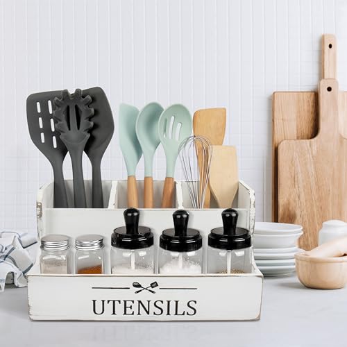 RedCall Extra Large Kitchen Utensils Holder 4 Compartments,Wood Utensil Organizer for Kitchen Countertop,Farmhouse Cooking Utensil Holder with Spice Storage space (Antique) - My Kitchen Products