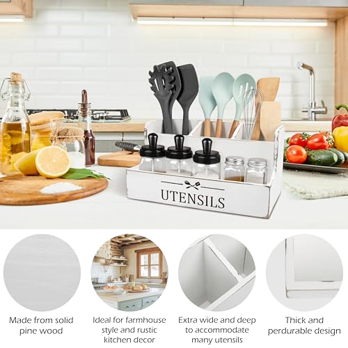 RedCall Extra Large Kitchen Utensils Holder 4 Compartments,Wood Utensil Organizer for Kitchen Countertop,Farmhouse Cooking Utensil Holder with Spice Storage space (Antique) - My Kitchen Products
