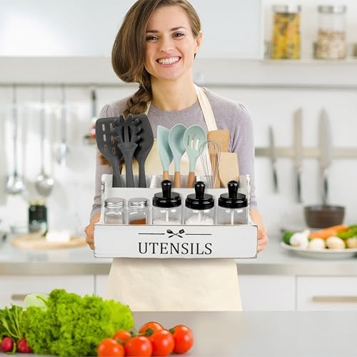 RedCall Extra Large Kitchen Utensils Holder 4 Compartments,Wood Utensil Organizer for Kitchen Countertop,Farmhouse Cooking Utensil Holder with Spice Storage space (Antique) - My Kitchen Products