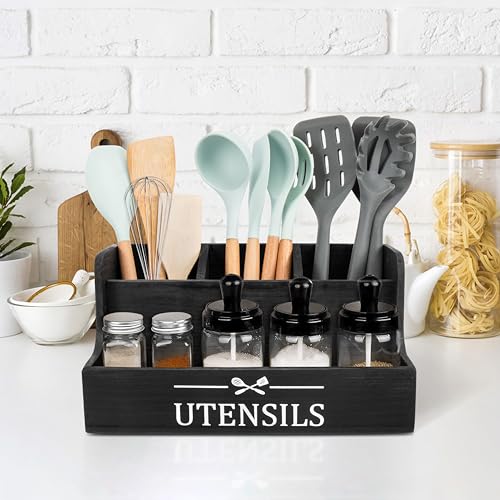 RedCall Extra Large Kitchen Utensils Holder 4 Compartments,Wood Utensil Organizer for Kitchen Countertop,Farmhouse Cooking Utensil Holder with Spice Storage space (Black) - My Kitchen Products