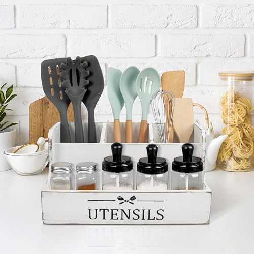RedCall Extra Large Kitchen Utensils Holder 4 Compartments,Wood Utensil Organizer for Kitchen Countertop,Farmhouse Cooking Utensil Holder with Spice Storage space (Antique) - My Kitchen Products