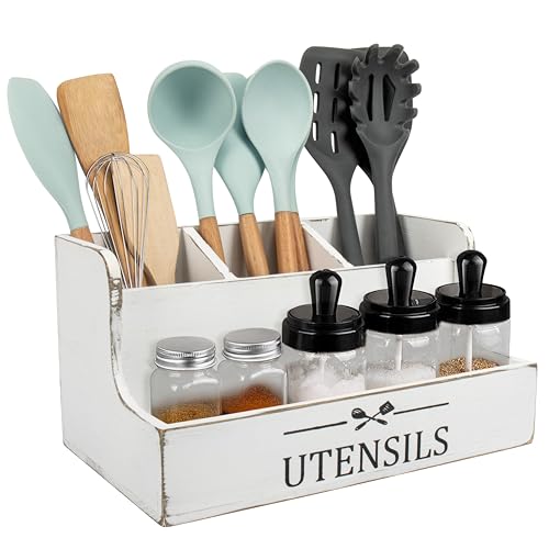 RedCall Extra Large Kitchen Utensils Holder 4 Compartments,Wood Utensil Organizer for Kitchen Countertop,Farmhouse Cooking