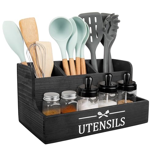 RedCall Extra Large Kitchen Utensils Holder 4 Compartments,Wood Utensil Organizer for Kitchen Countertop,Farmhouse Cooking