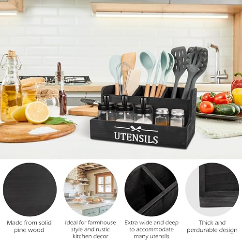 RedCall Extra Large Kitchen Utensils Holder 4 Compartments,Wood Utensil Organizer for Kitchen Countertop,Farmhouse Cooking Utensil Holder with Spice Storage space (Black) - My Kitchen Products