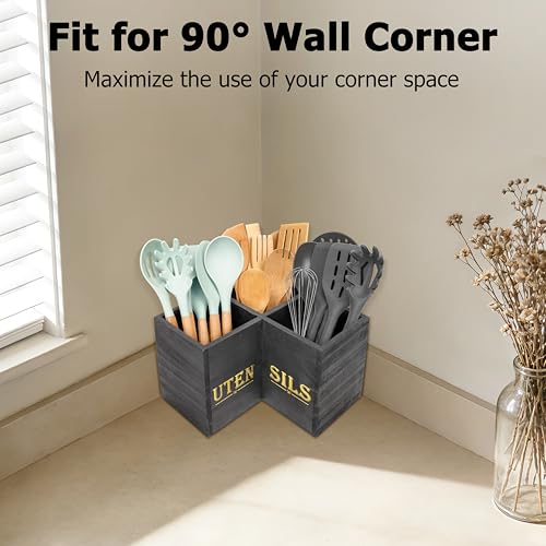 RedCall Kitchen Utensils Holder,Extra Large 3 Compartments Corner Utensil Caddy for Countertop,Wooden Farmhouse Utensil Organizer - My Kitchen Products
