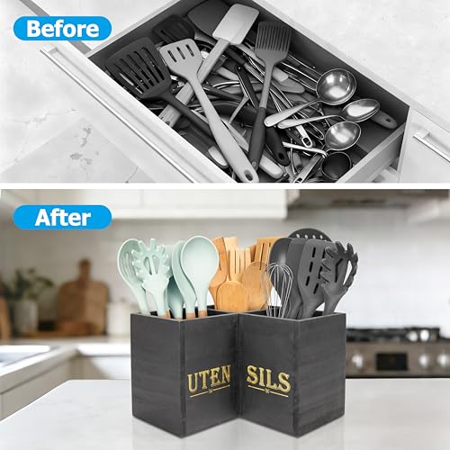 RedCall Kitchen Utensils Holder,Extra Large 3 Compartments Corner Utensil Caddy for Countertop,Wooden Farmhouse Utensil Organizer - My Kitchen Products