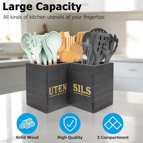 RedCall Kitchen Utensils Holder,Extra Large 3 Compartments Corner Utensil Caddy for Countertop,Wooden Farmhouse Utensil Organizer - My Kitchen Products