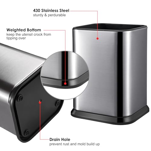 RedCall Stainless Steel Kitchen Utensil Holder for Countertop, Spoon Spatula Organizer,Modern Rectangular Large Cooking Utensil Caddy Counter,Utensil Crock Silver - My Kitchen Products
