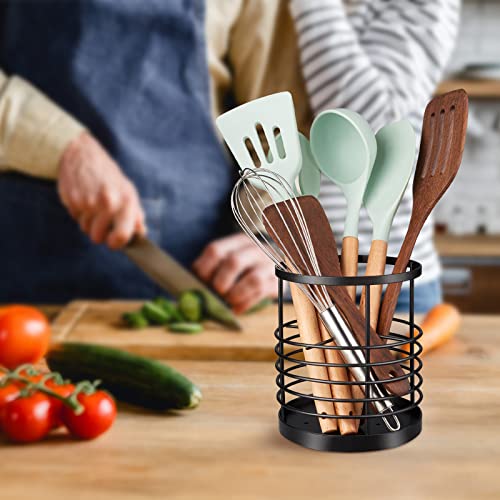 RedCall Utensil Holder for Kitchen Countertop,Metal Spatula Holder,Cooking Utensil Holder for Spoon,Wire Utensil Organizer,Stainless Steel Round Utensil Caddy Crock Flatware Storage Counter (Black) - My Kitchen Products