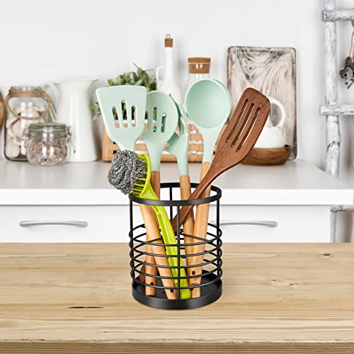 RedCall Utensil Holder for Kitchen Countertop,Metal Spatula Holder,Cooking Utensil Holder for Spoon,Wire Utensil Organizer,Stainless Steel Round Utensil Caddy Crock Flatware Storage Counter (Black) - My Kitchen Products