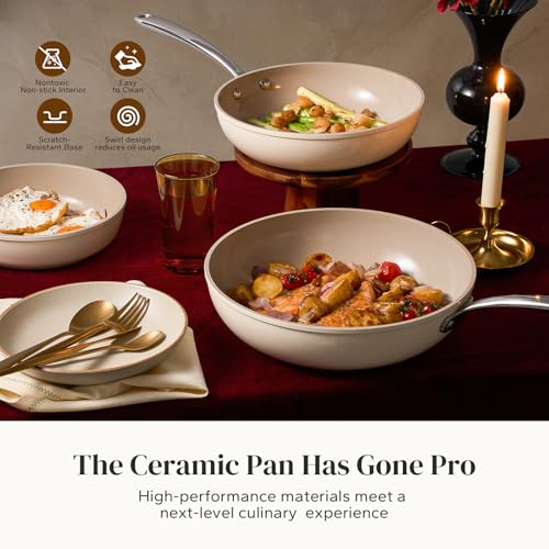 Redchef Ceramic Frying Pans, 4-Piece Non Stick Frying Pans, Non Toxic Skillet with Lid, Ceramic Cookware Set, 8" 9.5" 11" Egg Saute Pan, PFAS & PTFE & PFOA Free, Dishwasher & Oven Safe, Beige White - My Kitchen Products