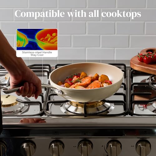 Redchef Ceramic Frying Pans, 4-Piece Non Stick Frying Pans, Non Toxic Skillet with Lid, Ceramic Cookware Set, 8" 9.5" 11" Egg Saute Pan, PFAS & PTFE & PFOA Free, Dishwasher & Oven Safe, Beige White - My Kitchen Products