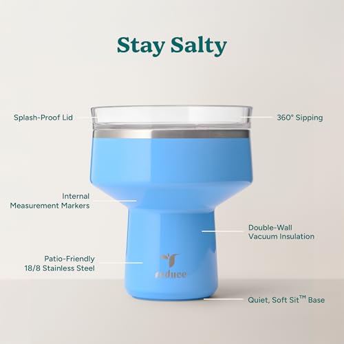 REDUCE Saltini 16 oz Cocktail Tumbler - Insulated Margarita Tumbler with Lid - Keeps Drinks Cold for 10 Hours - 360 Sippable Martini Glass Alternative - Shatterproof, Perfect for Parties - Oahu Blue - My Kitchen Products