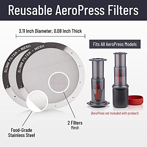Reusable Filter Set by Slimm Filter - 2 Piece, Stainless Steel Metal - 2x Mesh Metal Filters For AeroPress Coffee & Espresso Maker, with Complimentary Recipe Book - Brew Barista-Grade Coffee At Home - My Kitchen Products