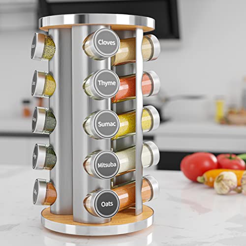 Revolving Spice Rack Set with 20 Spice Jars, Kitchen Spice Tower Organizer for Countertop or Cabinet - Carousel Storage Includes 386 Spice Labels - Desktop Rotating Seasoning Organizer - My Kitchen Products