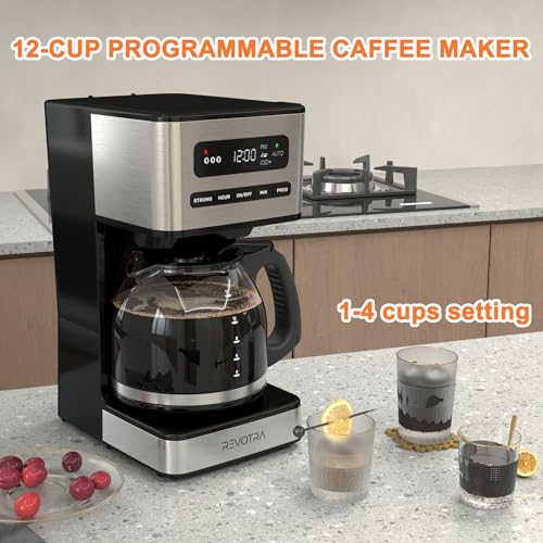 REVOTRA 12 Cup Programmable Coffee Maker, Hot and Iced Coffee Makers, Regular & Strong Brew Drip Coffee Machine, 1-4 Cup, 24H Timer, Auto Shut-Off, Keep Warm, Pause & Serve - My Kitchen Products