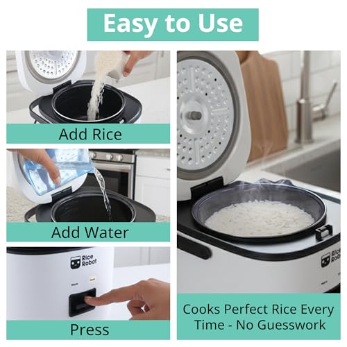 Rice Robot Personal Rice Cooker, PFAS-free, Nonstick. 1 Quart Capacity, with Stainless Steel Steamer Tray, Measuring Cups, Recipe Book with 60 Recipes, and Serving Spoon, As Seen On TV - My Kitchen Products