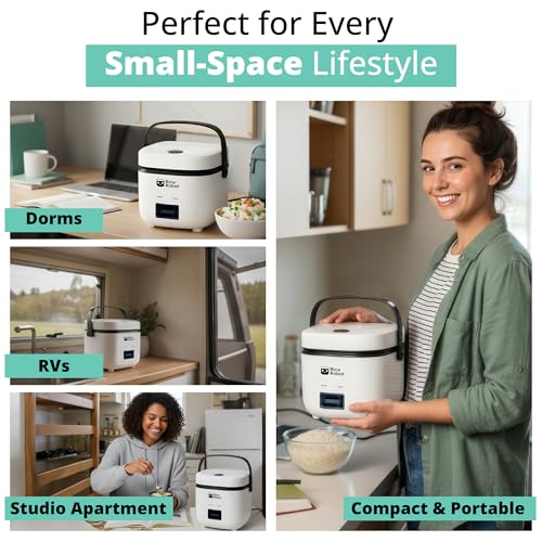 Rice Robot Personal Rice Cooker, PFAS-free, Nonstick. 1 Quart Capacity, with Stainless Steel Steamer Tray, Measuring Cups, Recipe Book with 60 Recipes, and Serving Spoon, As Seen On TV - My Kitchen Products