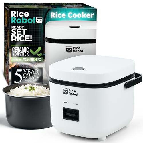 Rice Robot Personal Rice Cooker, PFAS-free, Nonstick. 1 Quart Capacity, with Stainless Steel Steamer Tray, Measuring Cups, Recipe Book with 60 Recipes, and Serving Spoon, As Seen On TV - My Kitchen Products