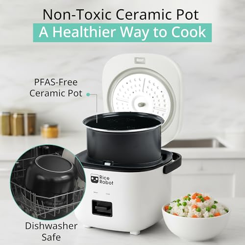 Rice Robot Personal Rice Cooker, PFAS-free, Nonstick. 1 Quart Capacity, with Stainless Steel Steamer Tray, Measuring Cups, Recipe Book with 60 Recipes, and Serving Spoon, As Seen On TV - My Kitchen Products