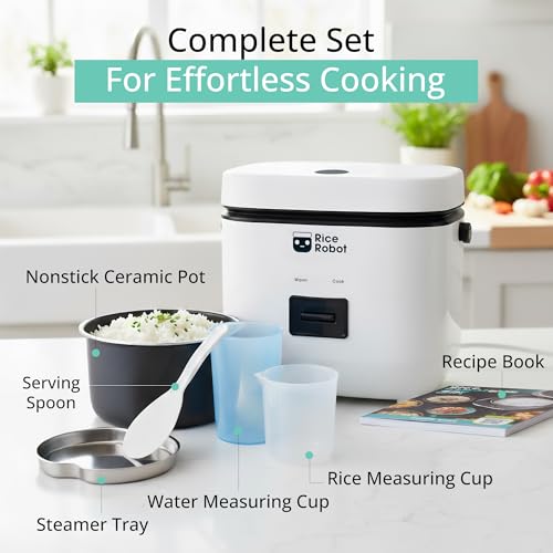 Rice Robot Personal Rice Cooker, PFAS-free, Nonstick. 1 Quart Capacity, with Stainless Steel Steamer Tray, Measuring Cups, Recipe Book with 60 Recipes, and Serving Spoon, As Seen On TV - My Kitchen Products
