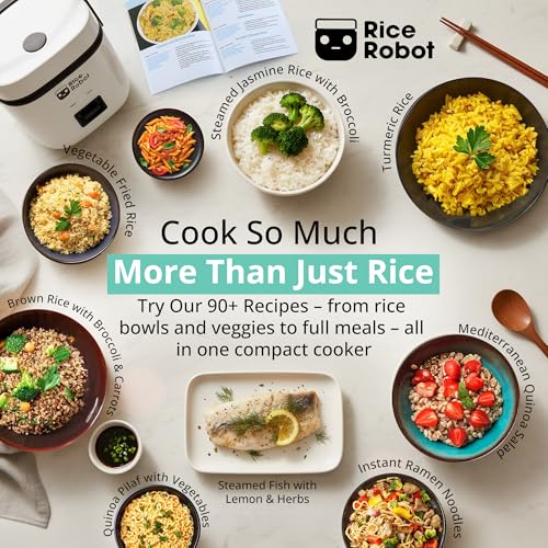 Rice Robot Personal Rice Cooker, PFAS-free, Nonstick. 1 Quart Capacity, with Stainless Steel Steamer Tray, Measuring Cups, Recipe Book with 60 Recipes, and Serving Spoon, As Seen On TV - My Kitchen Products