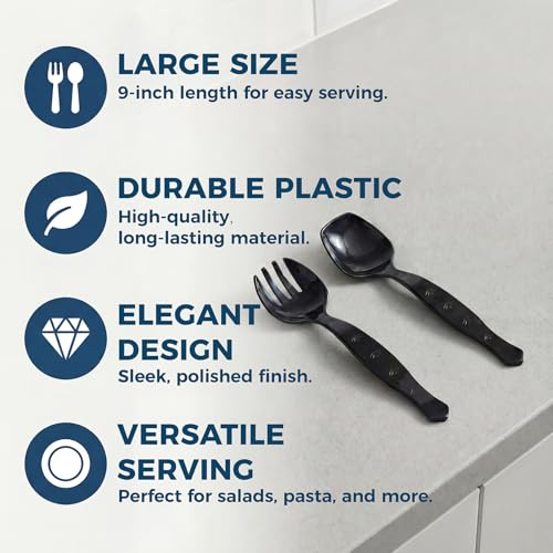 Ricvan 36 Pcs Disposable Serving Utensils Set - 9 Inch Black Tongs, Forks, Spoons for Restaurants, Catering, Party Supplies, Buffet, Wedding, Picnic - My Kitchen Products