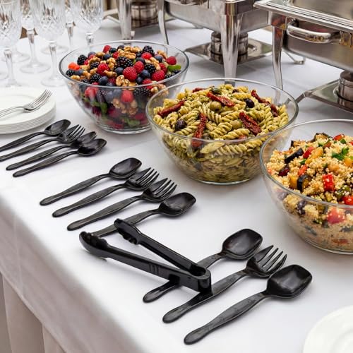 Ricvan 36 Pcs Disposable Serving Utensils Set - 9 Inch Black Tongs, Forks, Spoons for Restaurants, Catering, Party Supplies, Buffet, Wedding, Picnic - My Kitchen Products