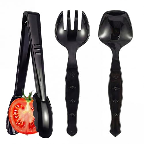 Ricvan 36 Pcs Disposable Serving Utensils Set, 9 Inch Black Tongs, Forks, Spoons for Restaurants, Catering, Party