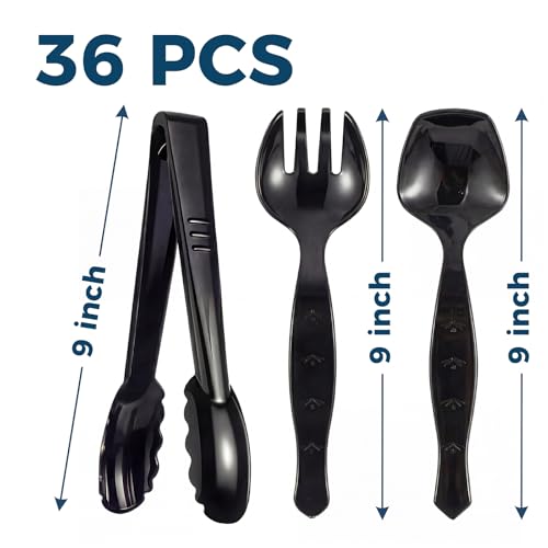 Ricvan 36 Pcs Disposable Serving Utensils Set - 9 Inch Black Tongs, Forks, Spoons for Restaurants, Catering, Party Supplies, Buffet, Wedding, Picnic - My Kitchen Products