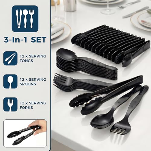 Ricvan 36 Pcs Disposable Serving Utensils Set - 9 Inch Black Tongs, Forks, Spoons for Restaurants, Catering, Party Supplies, Buffet, Wedding, Picnic - My Kitchen Products