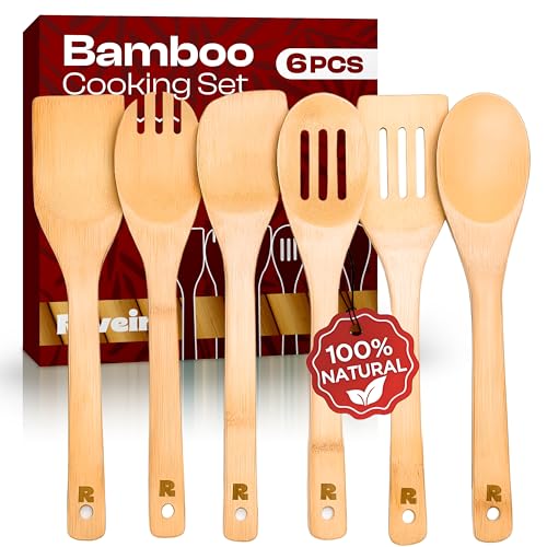 Riveira Bamboo Cooking Spoons 6-Piece - Wooden Cooking Utensils Set with Wooden Spoons for Cooking & Spatulas Wooden Utensil