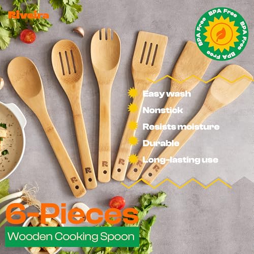 Riveira Bamboo Cooking Spoons 6-Piece – Wooden Cooking Utensils Set with Wooden Spoons for Cooking & Spatulas Wooden Utensil Sets – Premium Kitchen Utensils Set – Durable First Apartment Essentials - My Kitchen Products